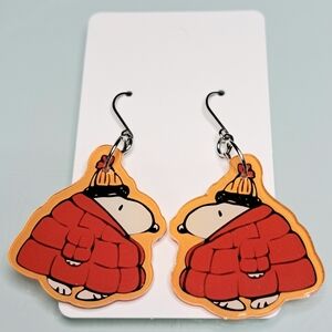 Snoopy In Red Puffer Jacket Earrings With Stainless Steel Ear Wires
